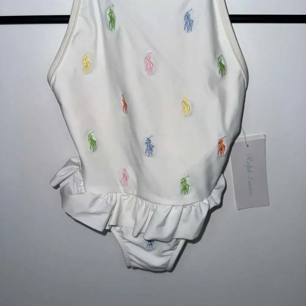Ralph Lauren Baby Girl White Ruffled One-Piece Swimsuit Logos NWT